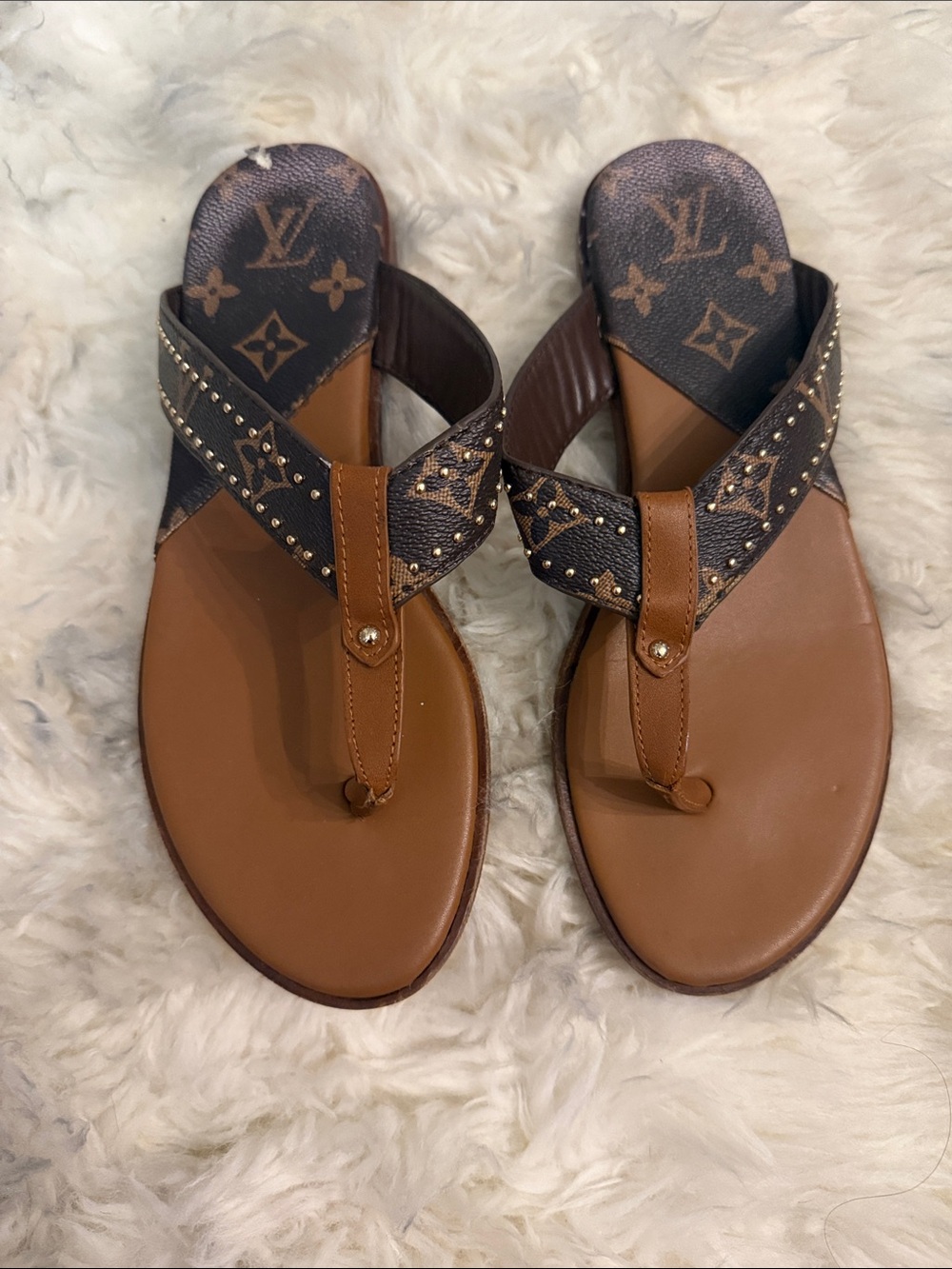 Brown Monogram Studded Thong Sandals